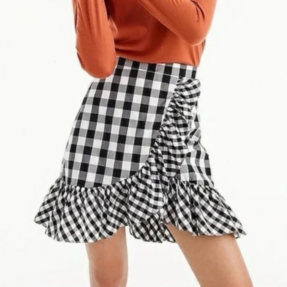 J.Crew‎ Black White Gingham Faux Wrap Ruffle preppy coquette Mini Skirt Sz 2